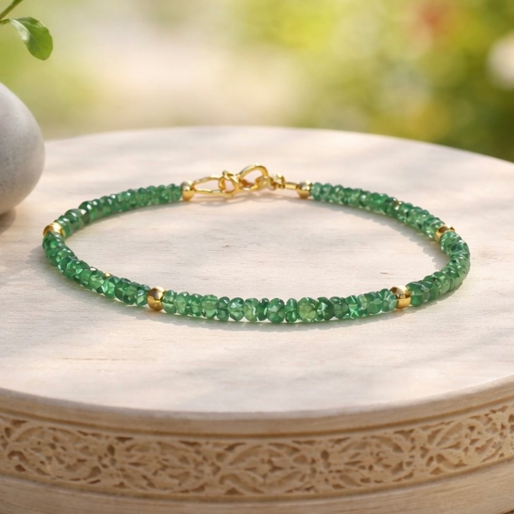 New Handmade Natural Zambian Emerald Bracelet 18k Yellow Gold 6.9" - 7.3"